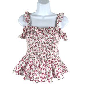J. Crew Liberty Smocked Ruffle Top Small Ros Floral Sleeveless Peplum TP-3763
